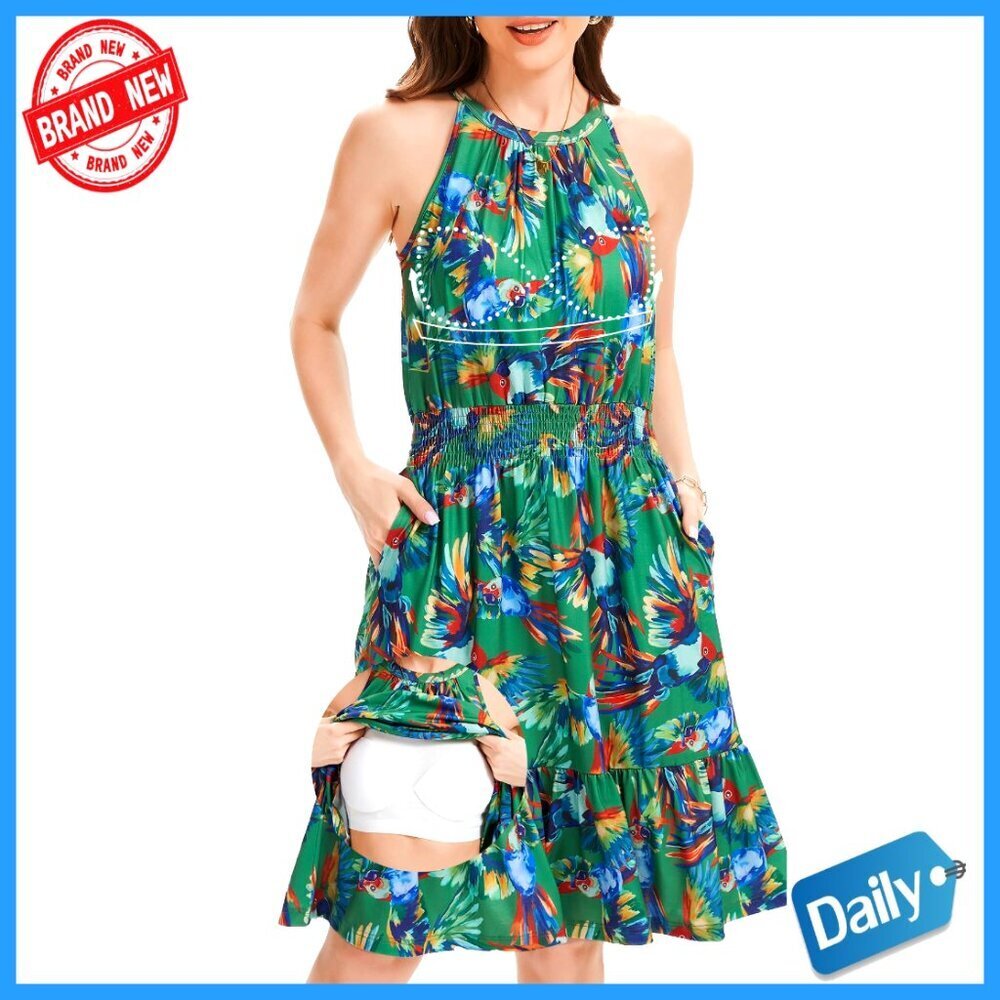 Built-in Bra Halter Sundress with Pocket, Flowy Elastic Waist Summer Dress